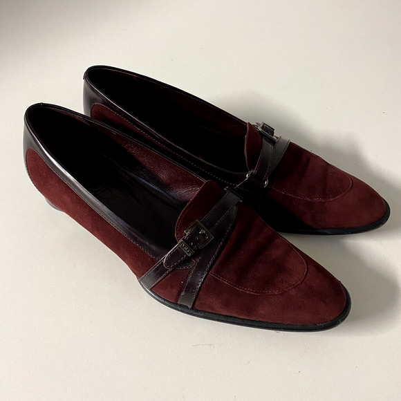 TOD's Loafer Round Toe Burgundy Red Suede Buckle Leather Strap 0.75" Hee… - Picture 2 of 11